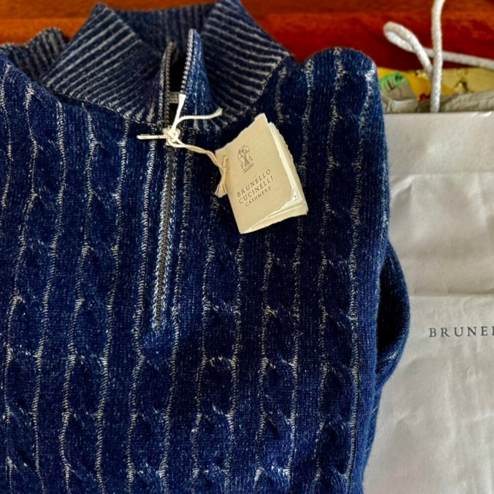 Brunello Cucinelli Cashmere ½ Zip Cable Knit Sweater ,Blue, NEW , 48 EU $2675 RT